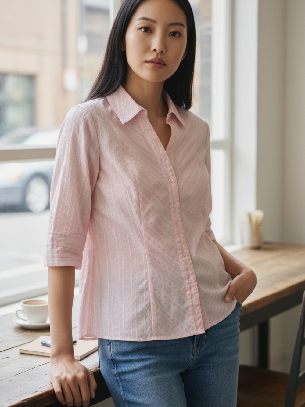 TRIBAL Pink Striped Dobby Button Down Shirt 3/4 Sleeve Size 12
